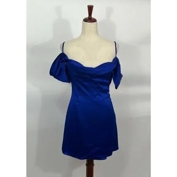 LA SEMAINE Paris Sz 34 2 Blue Silk Blend Off Shoulder Mini Dress NWT - Picture 7 of 10